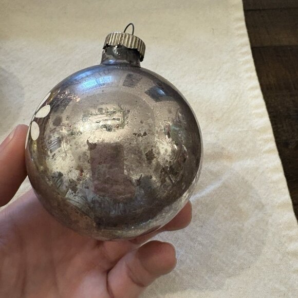 Vintage Silver Mercury Glass Hand Painted Glass Christmas Tree Ball Ornament - Picture 6 of 8